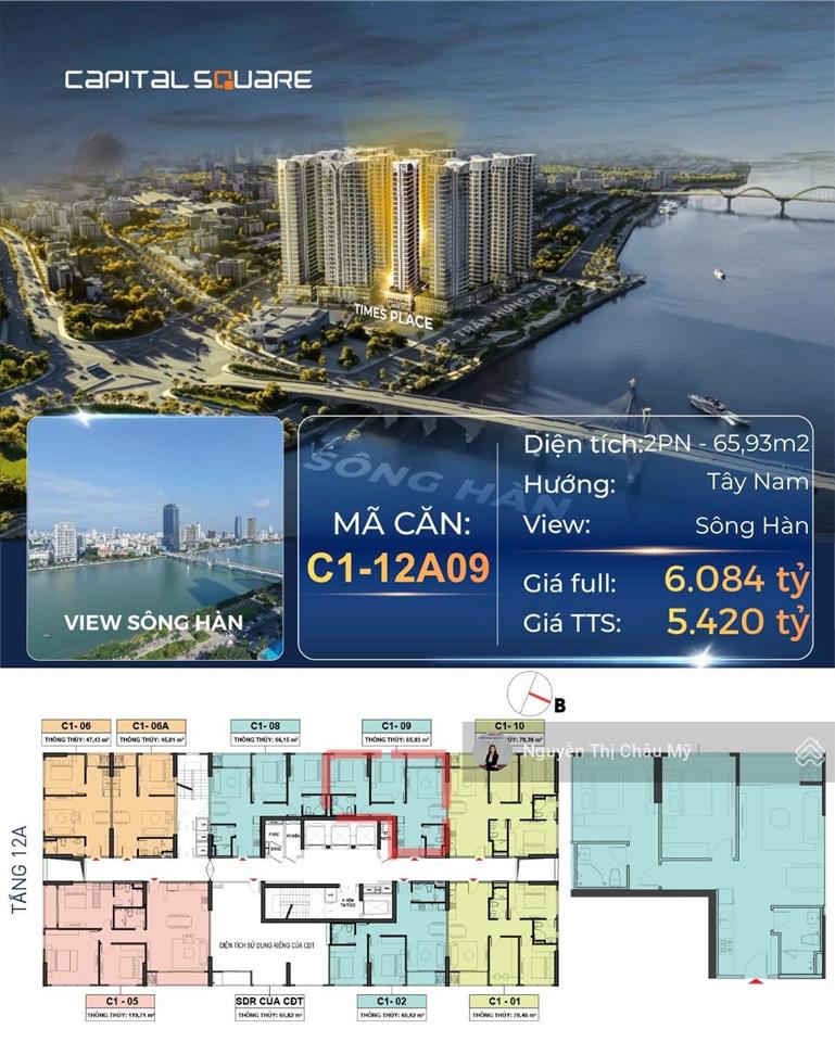 Châu mỹ srt  căn hộ 2br capital square  tòa c1 times  view sông hàn  nội khu