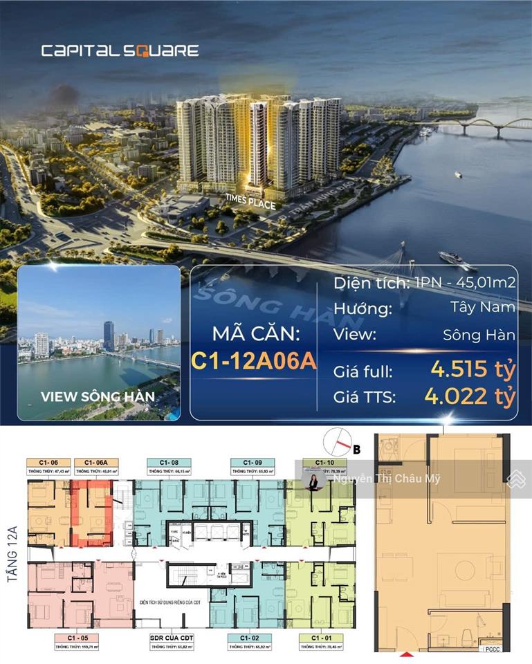 Ms châu mỹ  căn hộ 1br capital square  tòa c1 times  view sông hàn  nội khu