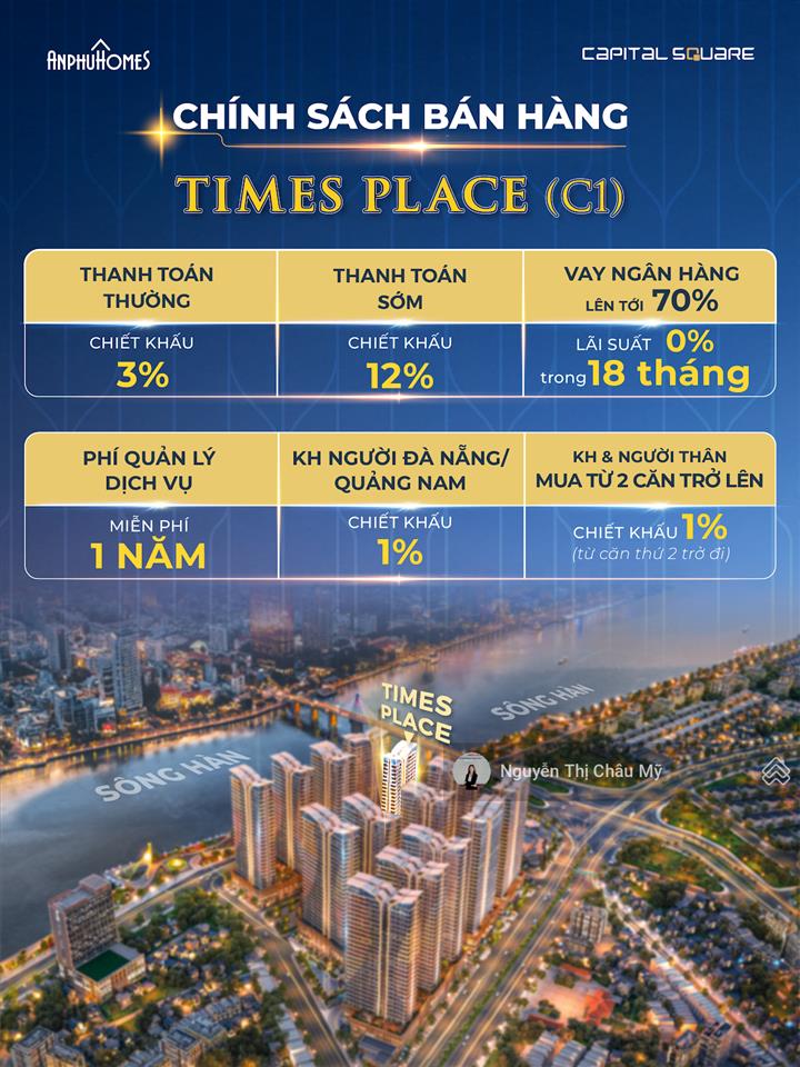 Châu mỹ srt  căn hộ 1br căn góc capital square  tòa c1 times  view sông hàn, biển  nội khu