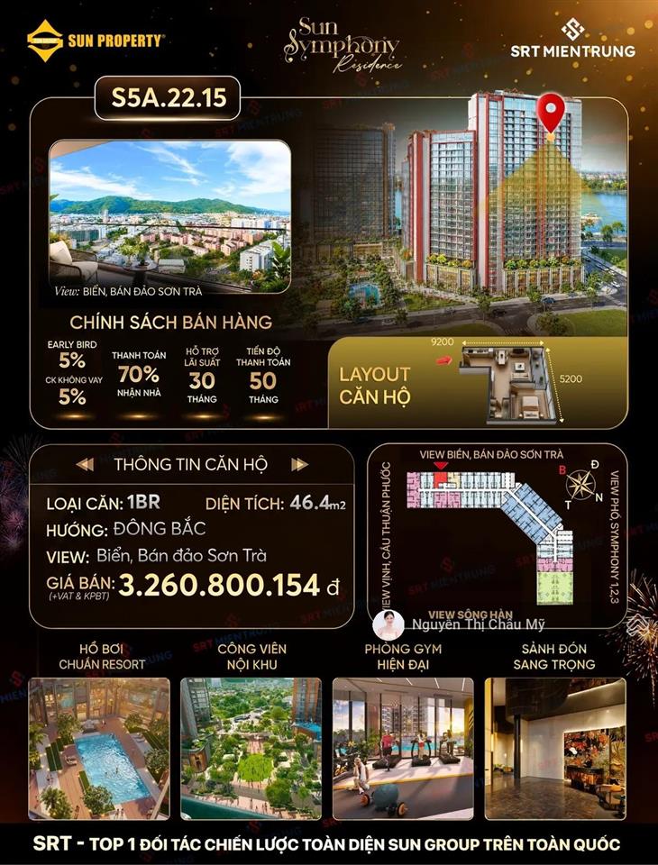 Căn hộ 1br tầng cao giá thanh toán sớm hơn 2,3 tỷ/căn  symphony 5 trung tâm sông hàn  châu mỹ srt