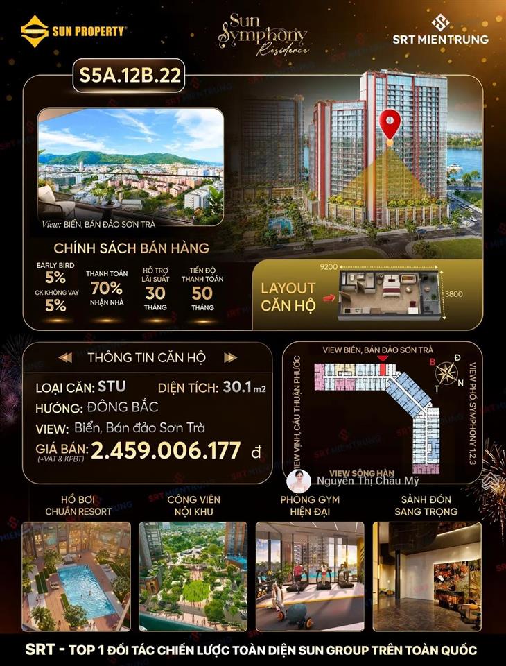 Châu mỹ srt  căn hộ stu tầng 14 giá thanh toán sớm 2,289 tỷ/căn  symphony5 trung tâm sông hàn