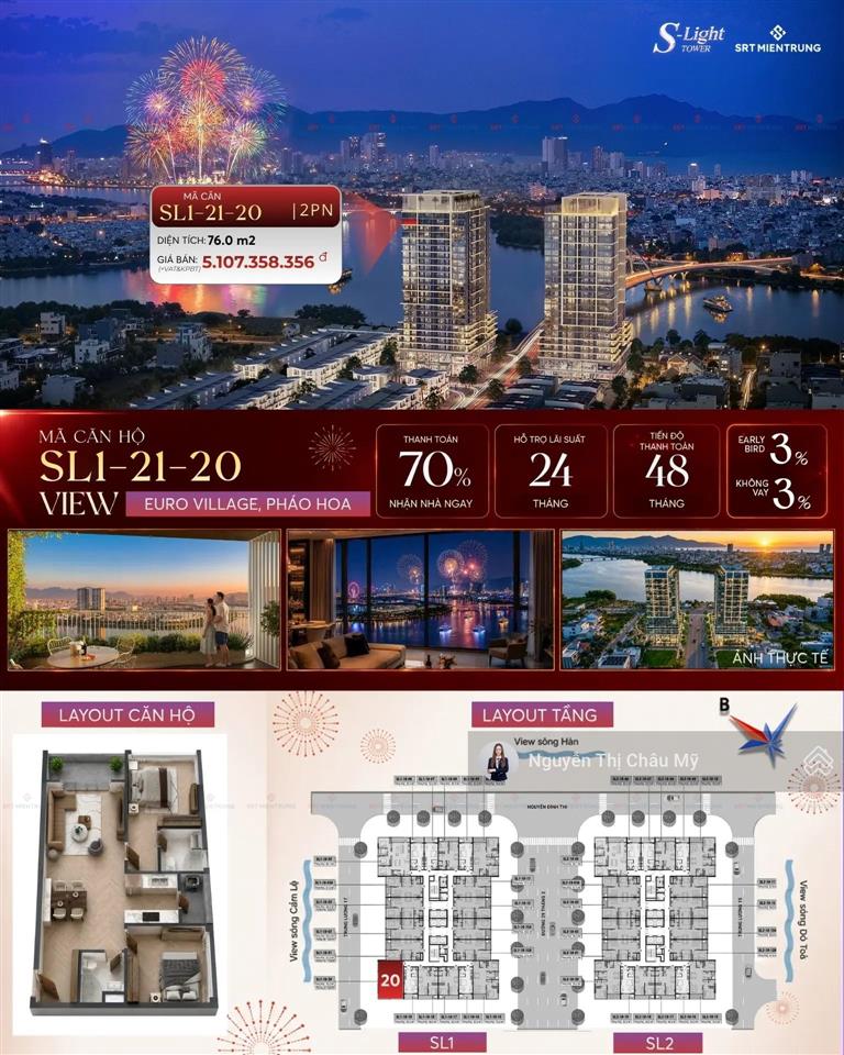 Châu mỹ srt  căn góc 2pn  mã sl1.2120 tầng cao 21  giá bán từ 55 triệu view pháo hoa, view sông