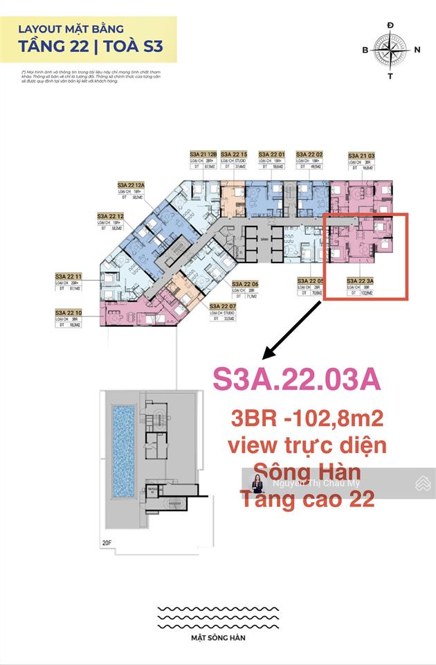 Căn góc 3pn mã 3a trực diện sông hàn toà s3a hiếm hoi  tầng cao 22  symphony  châu mỹ