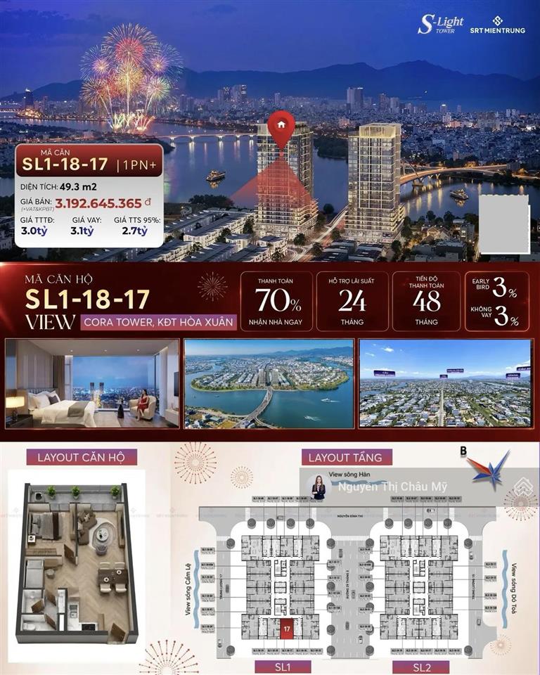 Châu mỹ srt  căn 1pn+  tầng cao 18  giá bán tts gần 52 triệu/m2  nhu cầu an cư ngay trung tâm