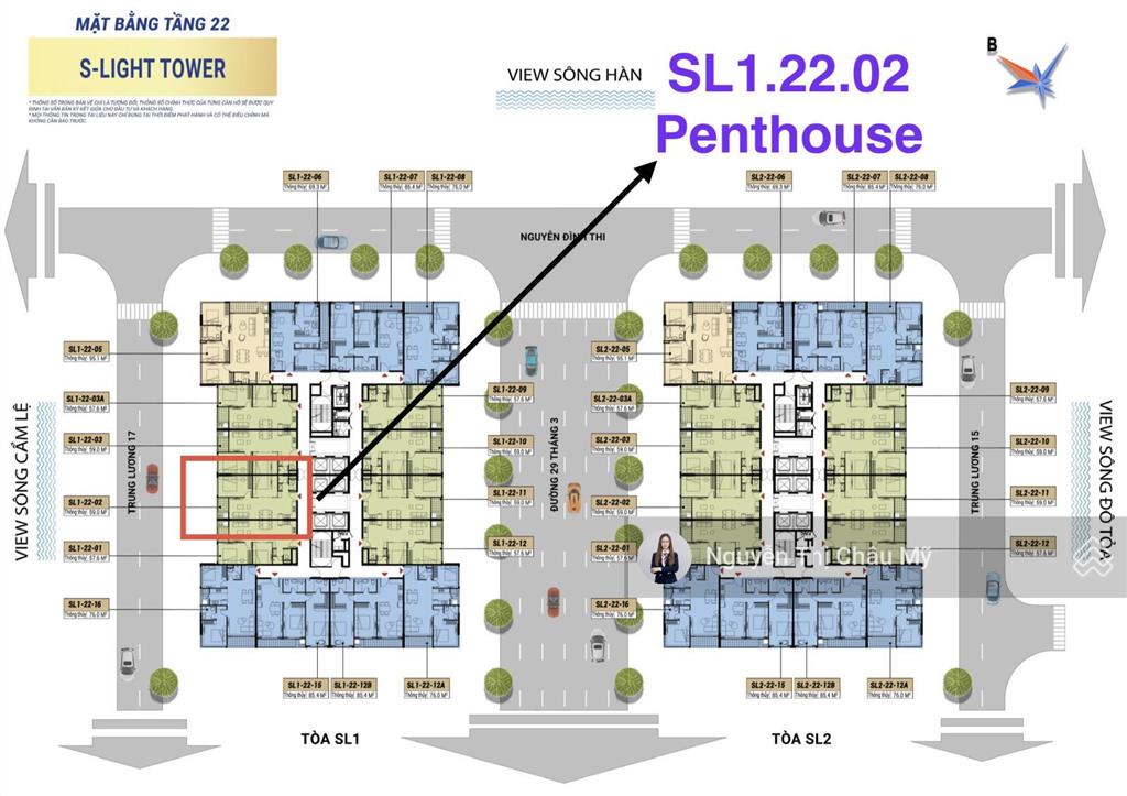 Châu mỹ srt  penthouse  mã sl1.22.02 tầng 22 view sông cẩm lệ  trần 6,5m giá vay 5,77 tỷ