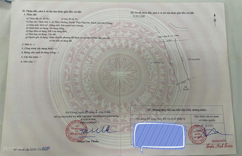 Chủ cần tiền bán gấp trong 3 ngày lô đất 60m2 tại thuỷ đường, thuỷ nguyên