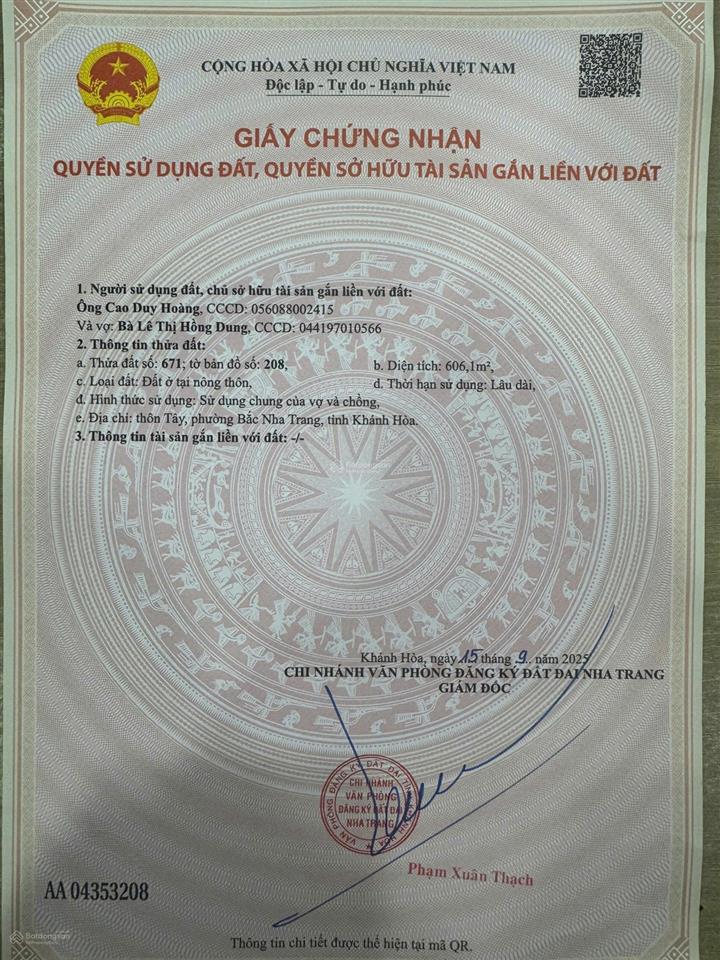 Bán đất tại thôn tây, p.bắc nha trang(vĩnh phương cũ), 606.1m2(thổ), 14triệu/m2,có thể phân 45 lô