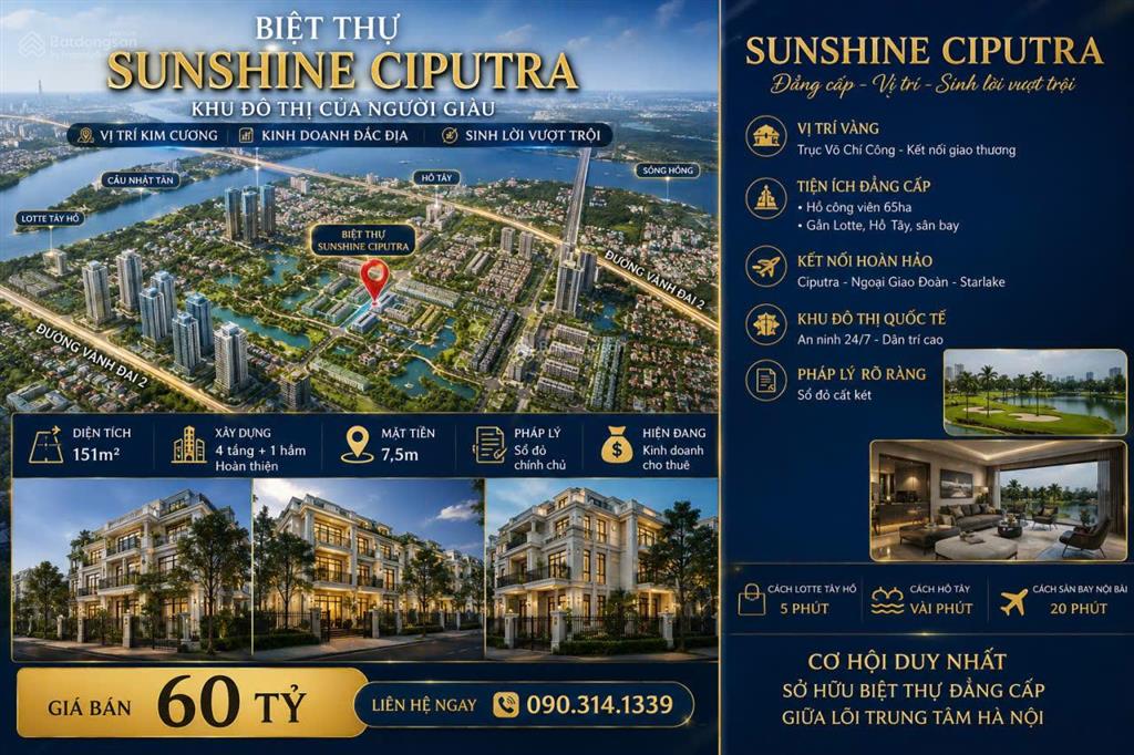 Bán biệt thự sunshine ciputra đường võ chí công, cạnh lotte tây hồ giá  60 tỷ.  0903 141 ***