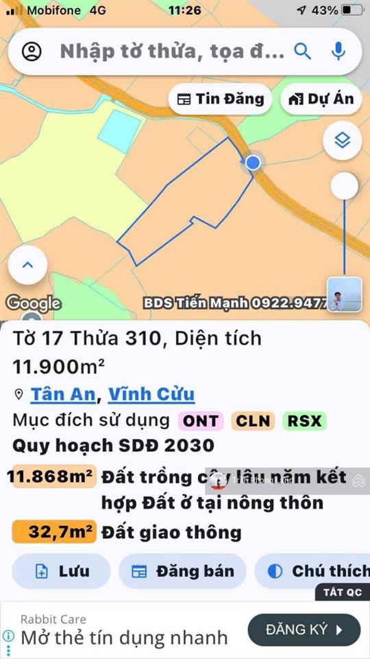 Chính chủ gửi bán lô đất xã tân an, h. vĩnh cửu, đồng nai, 11900.3m2, giá 9.5 tỷ, 0938 140 ***