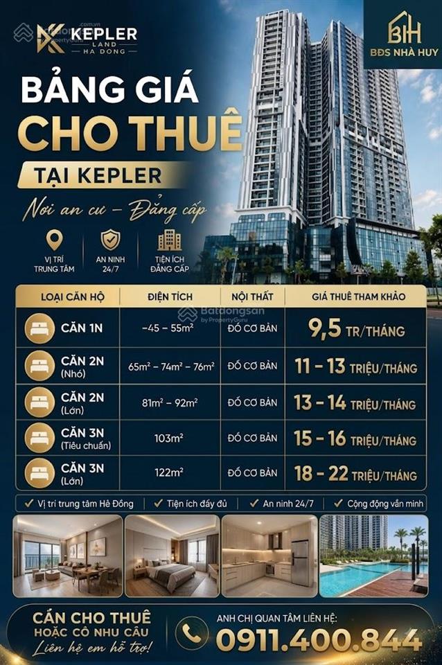 Cho thuê căn hộ kepler land, 1 phòng ngủ, giá 9,5 tr/tháng, nhà mới 100%, miễn phí dv