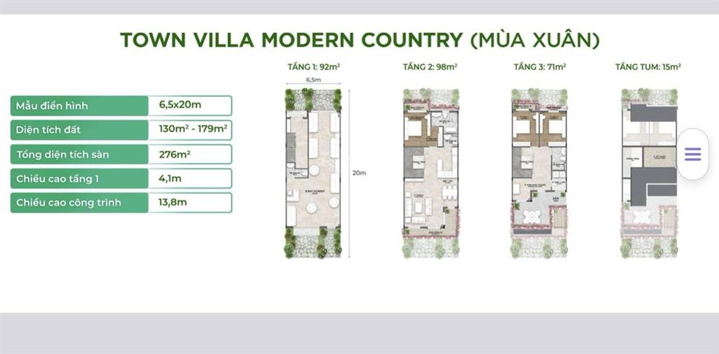 Bán nhà phố eco retreat 6,5 x 21m, thiết kế 1 trệt, 2 lầu, 1 tum
