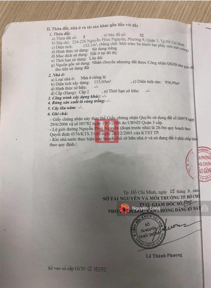 Bán nhà mt địa chỉ 224226 nguyễn phúc nguyên, phường 9, quận 3 giá 125 tỷ