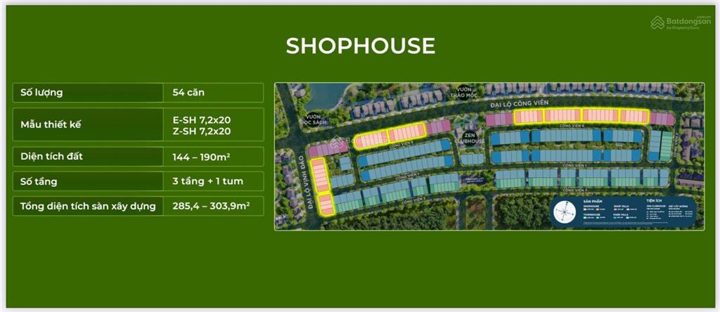 Shophouse đại lộ công viên | mặt tiền 7,2x20. giá 15,9 tỷ 3 tầng 4pn 2 view công viên hồ thiên nga