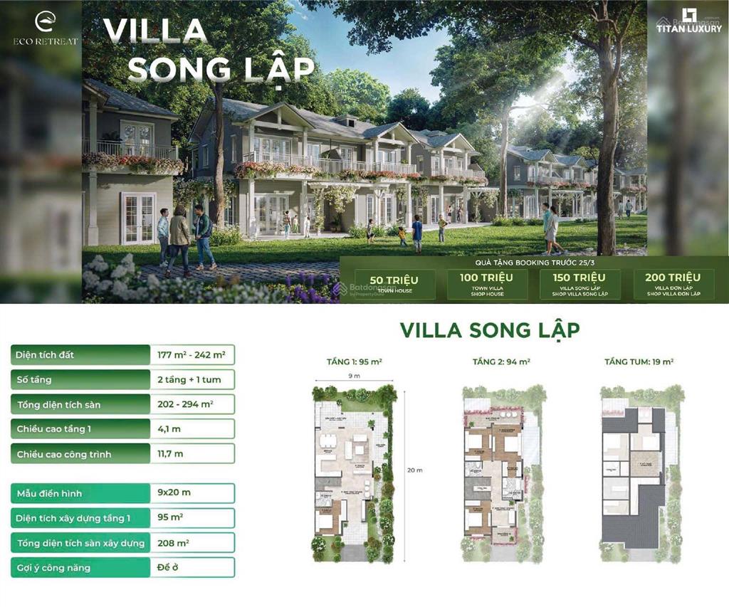 Độc quyền villa song lập 189m2 mùa thu  eco retreat. giá dk 9,6 tỷ gốc hàng tự do thanh toán