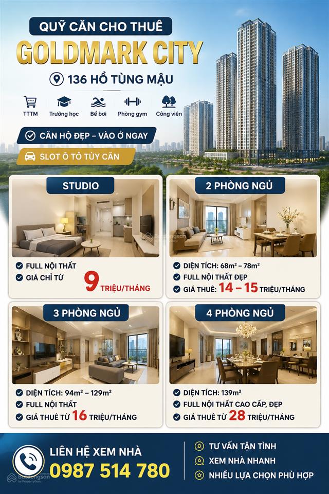 Quỹ căn hộ chung cư mỹ đình cho thuê tại goldmark city, 0104pn, full nội thất hoặc cơ bản, có slot