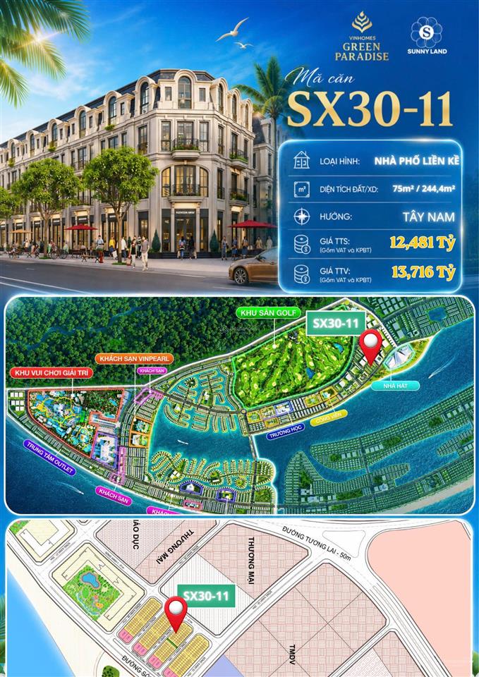 Nổi bật 1 căn vịnh tiên cạnh casino dt 75m2 giá 12,4 tỷ full. 4 tầng nằm trong dãy sx30