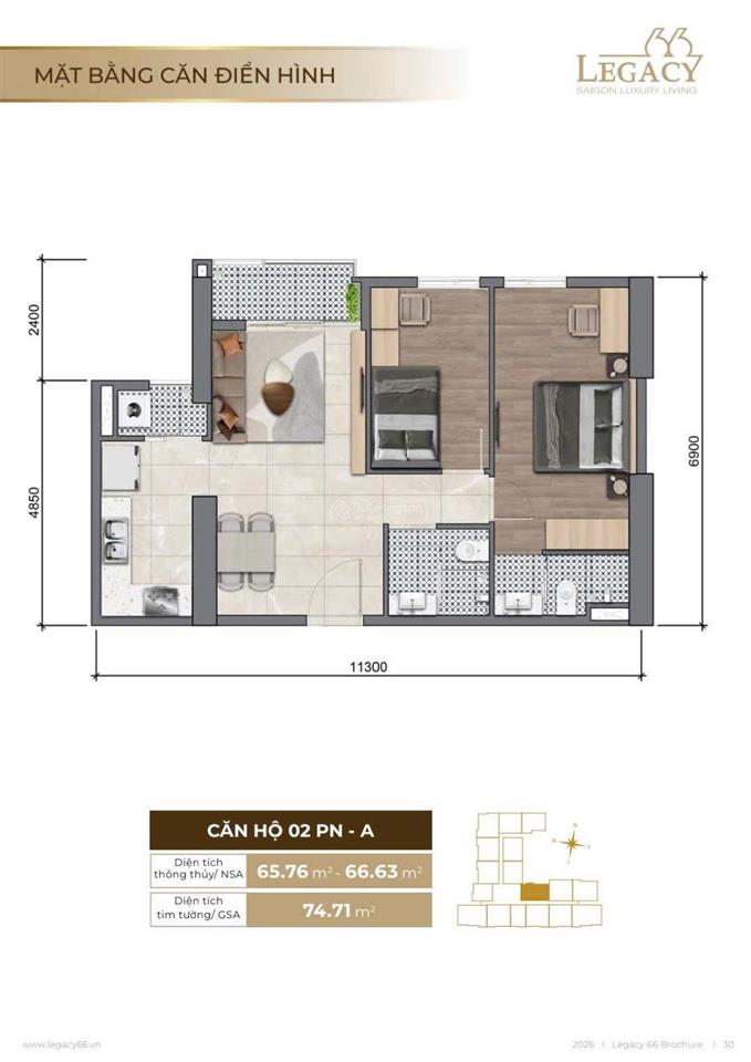 2pn 74m² legacy 66 quận 5 | giá 8,3 tỷ | tặng nội thất 250 triệu