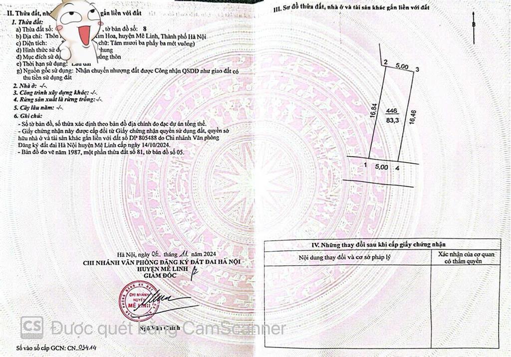 Bán lô đất 83,3 m2, mt 5m, đã có sổ, giá 43tr/m2 tại kim hoa, mê linh