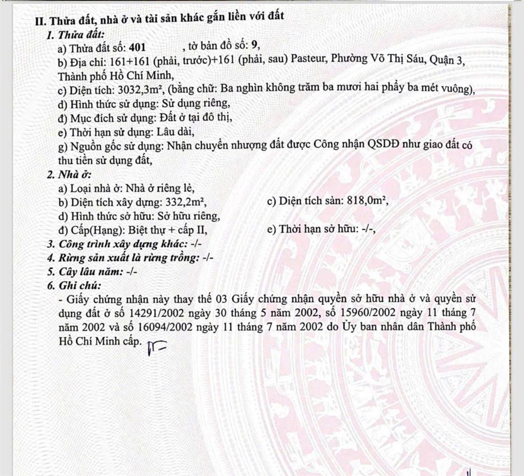 Bán nhà 161 pasteur  dt 36x80m = 3032,3m2 đất ở  ctxd 4 hầm + 22 tầng  giá 2.300 tỷ