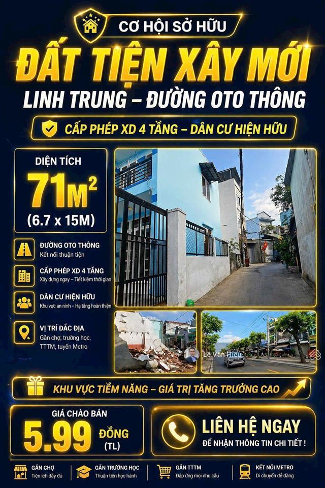 5,99 tỷ  71m2 sổ riêng  đất thổ cư  hẻm xe hơi  đs10, linh trung