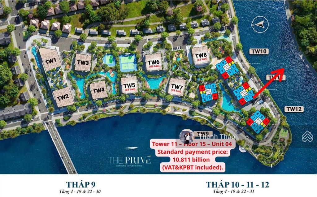 Thap 1011 the prive giá 9.3 tỷ diện tích 80,6m2 tầng cao  view 3 mặt sông  tt chỉ 6,8% ký hđmb