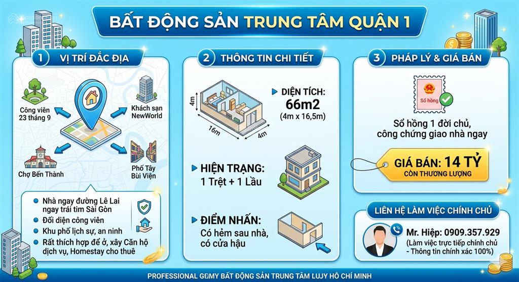 Bán nhà 2 tầng ngay trung tâm sài gòn, đường lê lai quận 1, 66m2, giá bán 14 tỷ tl