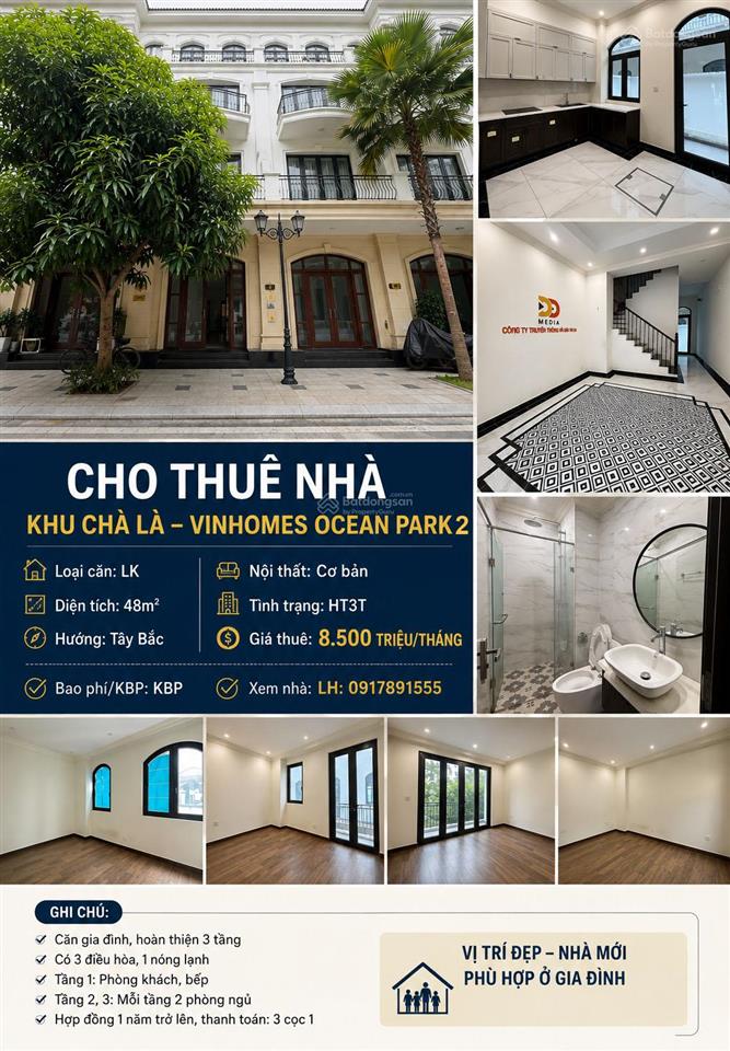 Cho thuê nhà hoàn thiện 3 tầng vinhomes ocean park 2 chỉ 8,5 triệu/th.  0917 891 ***