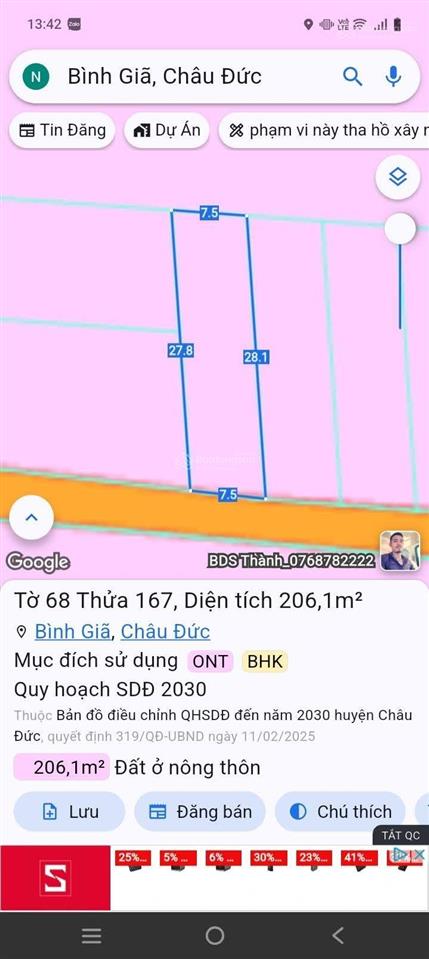 Cần bán lô đất gần cty cao phát. dt 206m2 có sẵn 82m2 thổ cư mặt tiền 7,5m. giá 950 triệu