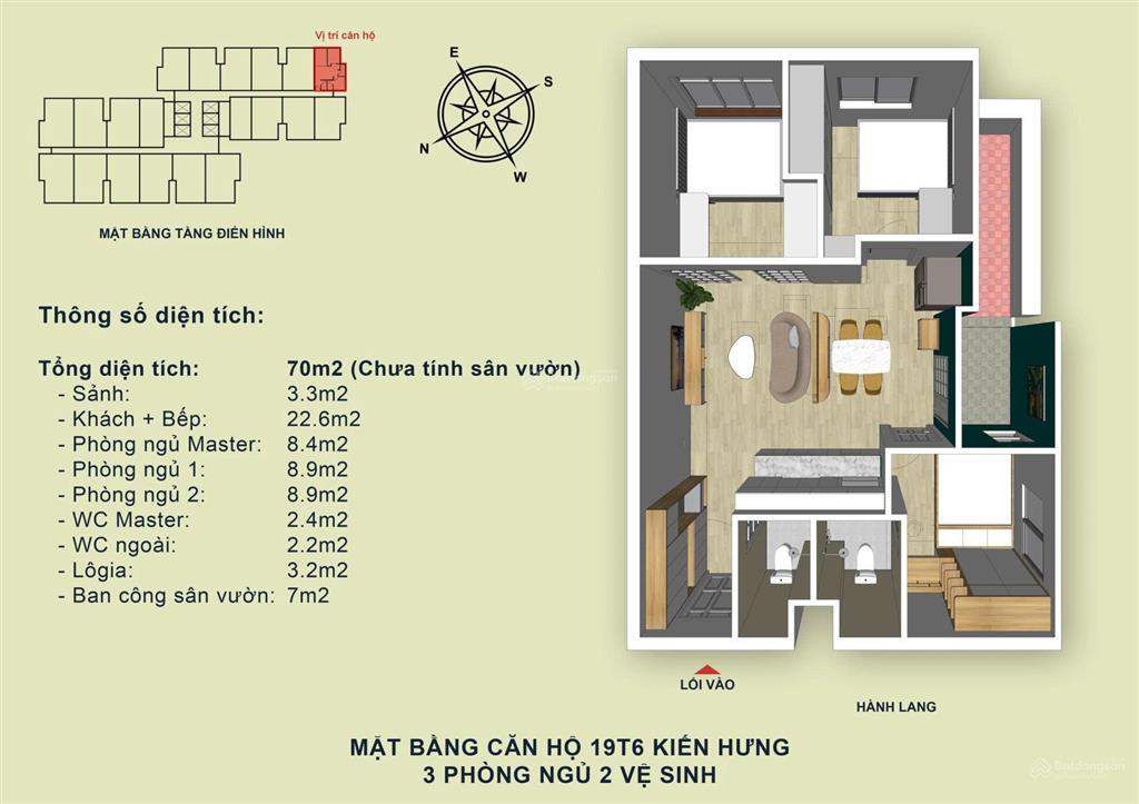 Bán căn hộ độc bản tại 19t6 kiến hưng 3pn 2wc 70m2 + 7m2, sân vườn riêng giá cực tốt