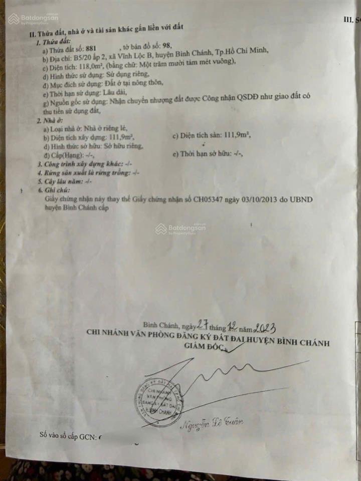 Bán nhà cấp 4, hẻm võ văn vân, vĩnh lộc b, đã có thổ cư, shr, dt 3.9x30 giá 4.9 ty