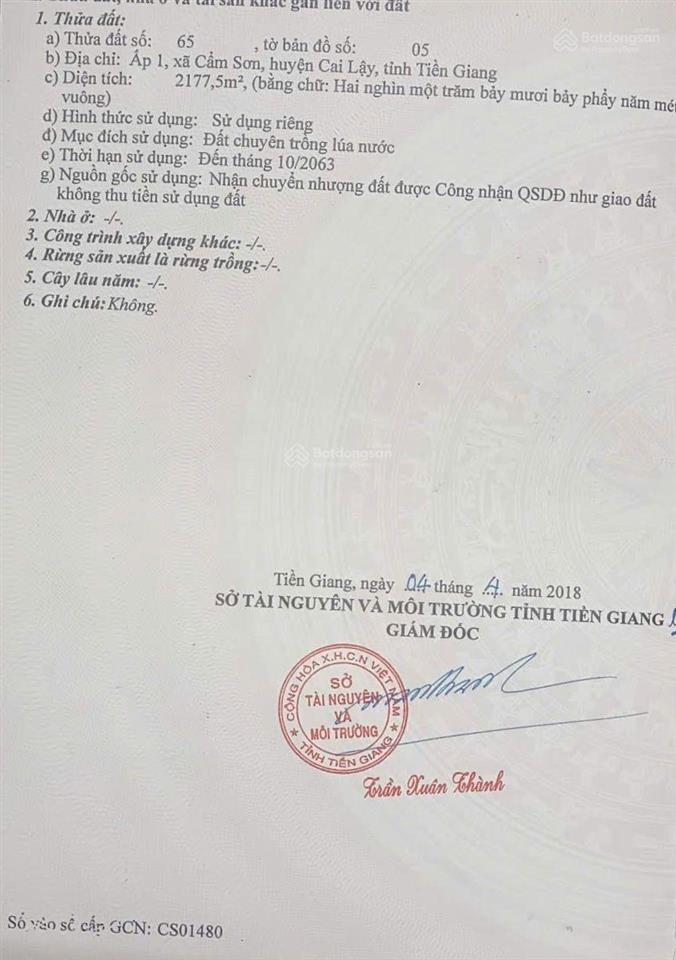 Bán vườn sầu riêng monthong, dt 2.177,5m (2.2 công) ấp 1 cẩm sơn, cai lậy, giá 1 tỷ 300tr