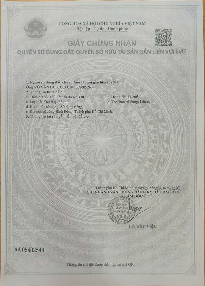 Bán đất thổ cư, đã có sổ riêng, mt đường 3158c phạm thế hiển, p7, q8, dt 53.2m giá 3 tỷ 510tr