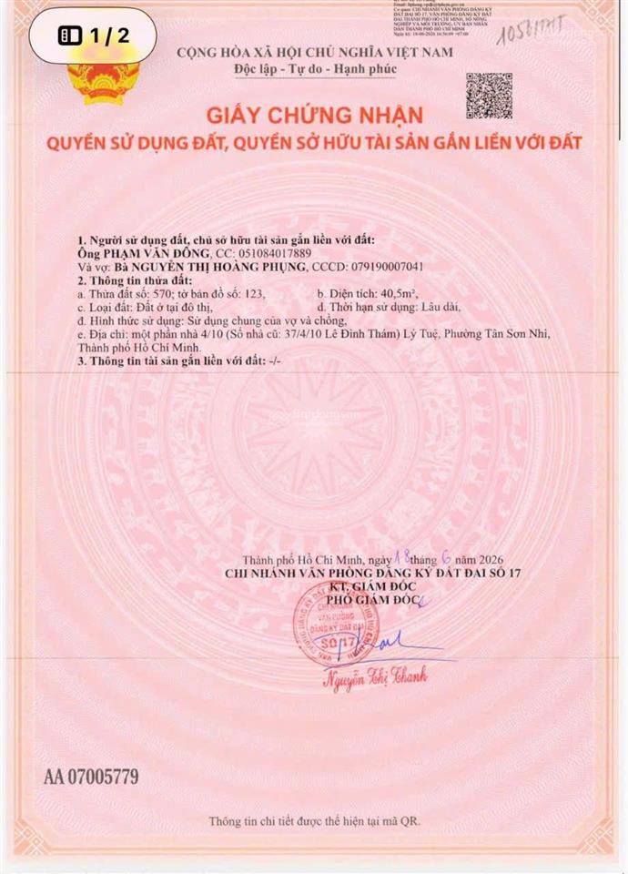 Bán nhà nát (góc 2mt) hẻm 1/ đường lý tuệ, p. tân quý, tân phú, dt 40,5m2 thổ cư hết đất