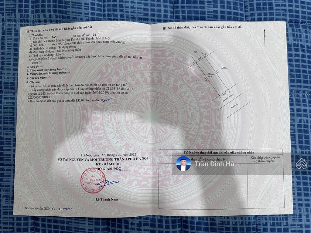 Đất đg my hạ thanh mai, thanh oai, dt 96.5m2, mt 5.0m, ôtô tải kd, 12.55 tỷ