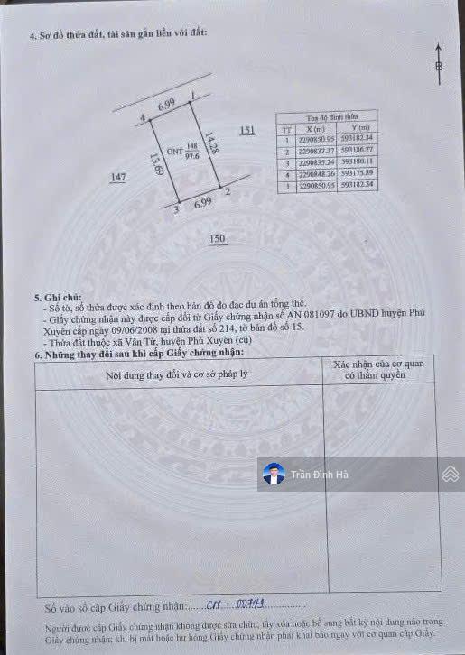 Đất chung chản, vân từ, phú xuyên dt98m2, mt7.0m, ôtô đỗ, 3 tỷ