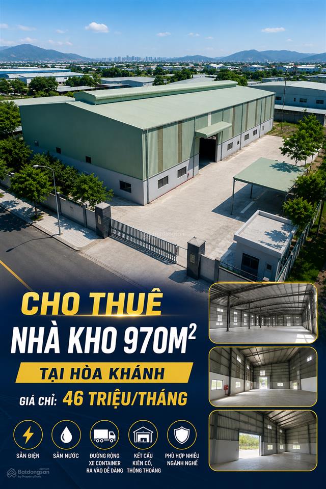 Cho thuê nhà kho 970m  tại hòa khánh  giá chỉ 46 triệu/tháng
