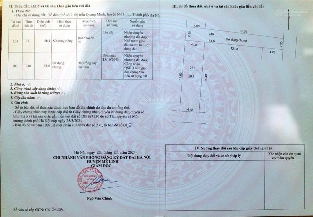 Bán đất, lô 2 mặt đường, tổ 10 tt quang minh  mê linh  hn dt 58,1m2  full thổ cư, mt= h