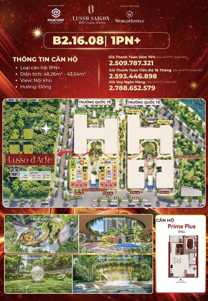 Một trong số ít căn 1pn (43m²) bán giá 2,2 tỷ all in toà lusso d'arte hướng đông tầng trung