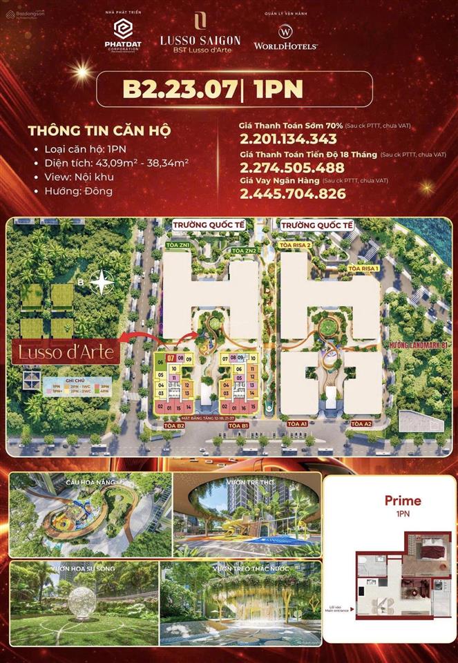 Một trong số ít căn 1pn (43m²) bán giá 2,2 tỷ all in toà lusso d'arte hướng đông tầng trung