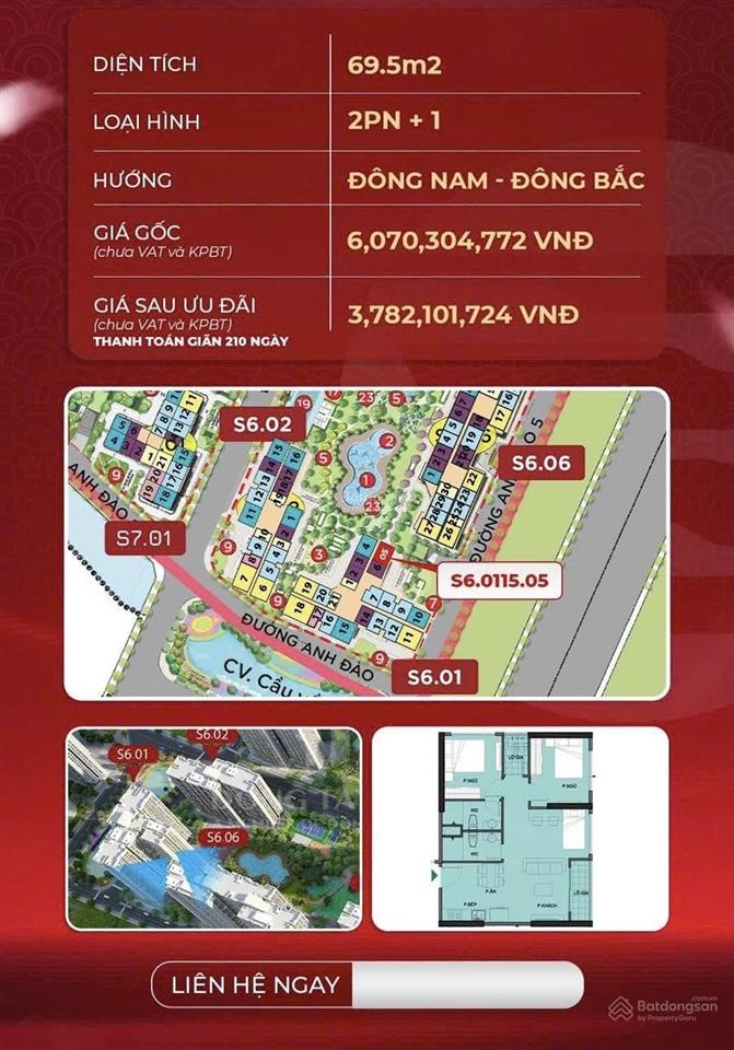 Hot! 300 triệu mua ngay căn gốc 2 phòng ngủ (69m²) tòa s6.05 trung tâm phân khu origami vườn nhật
