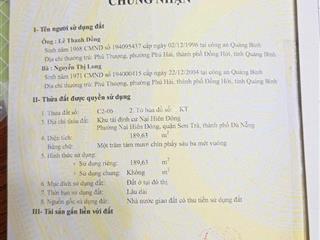 Chủ thanh khoản góc 2 mặt tiền đường 2 làn trần thánh tông và chu huy mân, sơn trà