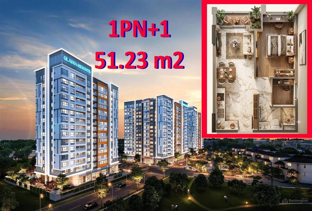 Hot! 1pn+1 tòa b1 gladia height chỉ 5.3 tỉ chưa ck 17%  vốn 10% căn hiếm khang điền keppel land q2