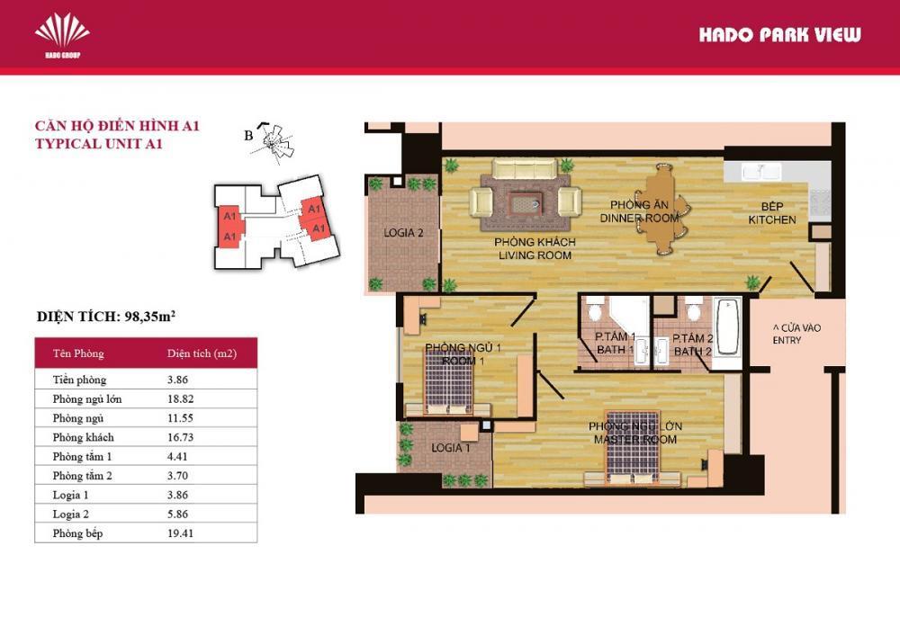 Cho thuê ch 2pn, 2wc, 98m2 tại ha do park view, 16,5 triệu vnd