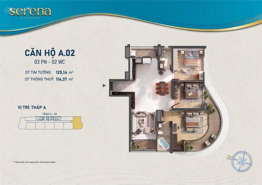 Bán căn 3pn serena riverside số lượng giới hạn thiết kế 3 ban công bo góc cực đẹp ngắm sông sg
