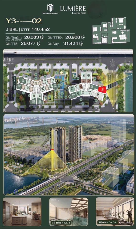 Bán căn 3pn thang máy riêng tòa masterise essence peak  146m2  28 tỷ