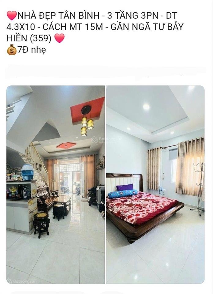 Nhà đẹp tân bình  3 tầng 3pn  dt 4.3x10  cách mt 15m  gần ngã tư bảy hiền