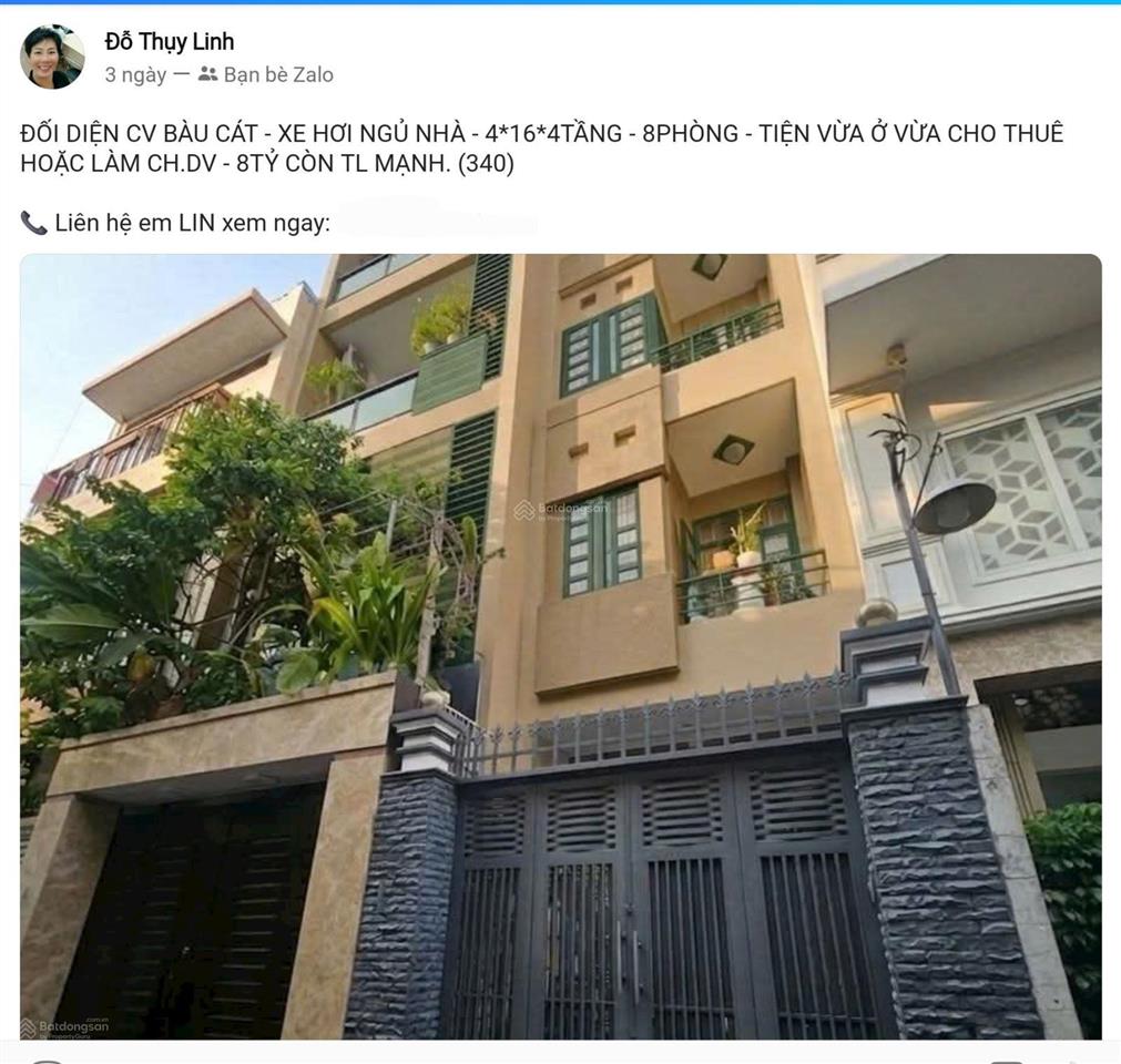Đối diện cv bàu cát  xe hơi ngủ nhà  4*16*4tầng  8phòng  tiện vừa ở vừa cho thuê hoặc làm ch.dv