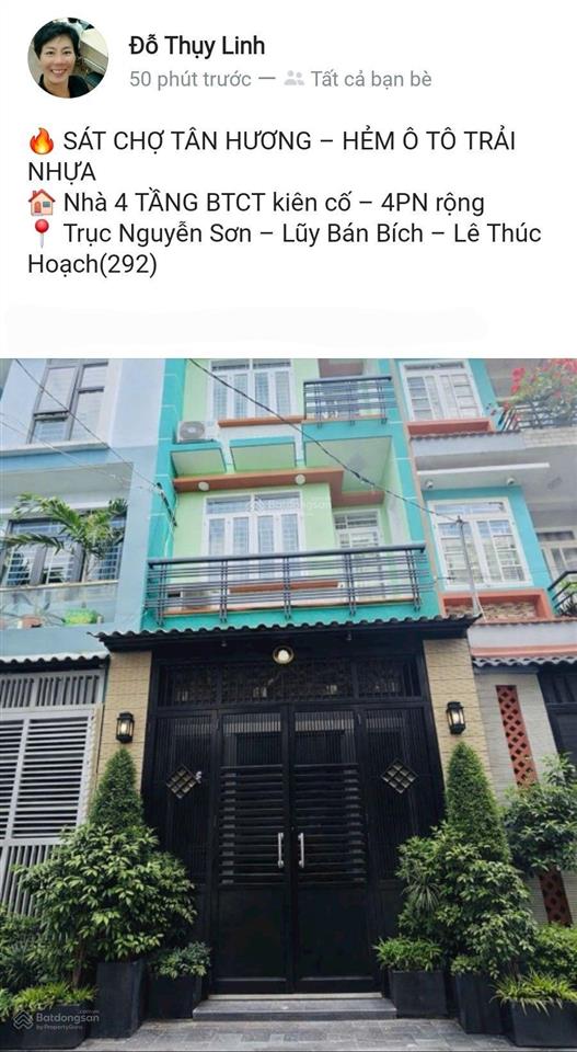 Sát chợ tân hương hẻm ô tô trải nhựa  nhà 4 tầng btct  4pn