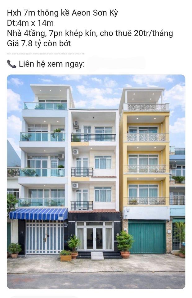 Hxh 7m thông kề aeon sơn kỳ
dt4m x 14m
nhà 4tầng, 7pn khép kín, cho thuê 20tr/tháng
giá 7.8 tỷ còn