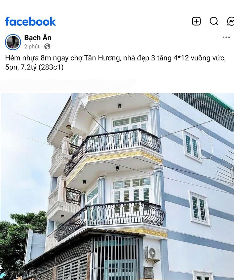 Hẻm nhựa 8m ngay chợ tân hương, nhà đẹp 3 tầng 4*12 vuông vức, 5pn, 7.2t (283c1)